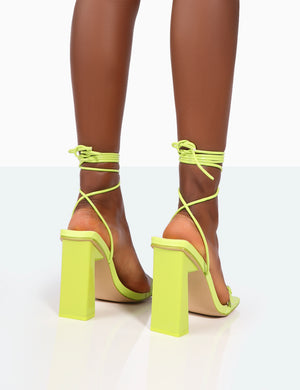 Cleo Lime Pu Square Toe Strappy Lace Up Block Heels