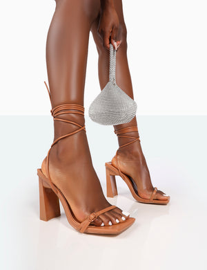 Cleo Caramel Nude Pu Square Toe Strappy Lace Up Block Heels