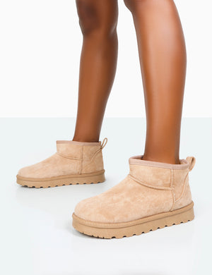 Flurry Beige Faux Suede Ultra Mini Ankle Boots