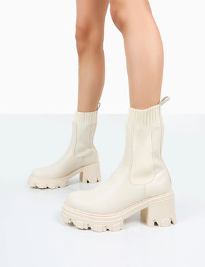Everdeen Ecru PU And Knit Chunky Heeled Platform Sock Ankle Boots