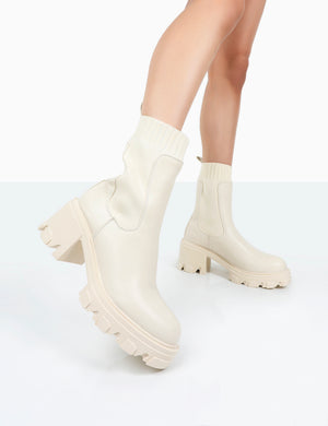 Everdeen Ecru PU And Knit Chunky Heeled Platform Sock Ankle Boots