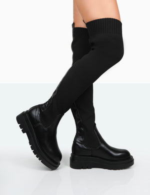 New-Me Black Pu and Knit Over The Knee Chunky Sole Sock Fit Boots