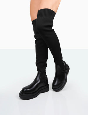 New-Me Black Pu and Knit Over The Knee Chunky Sole Sock Fit Boots
