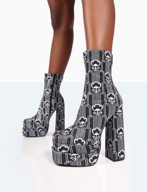 Supreme Black Floral Print Nylon Platform Block Heel Ankle Boots