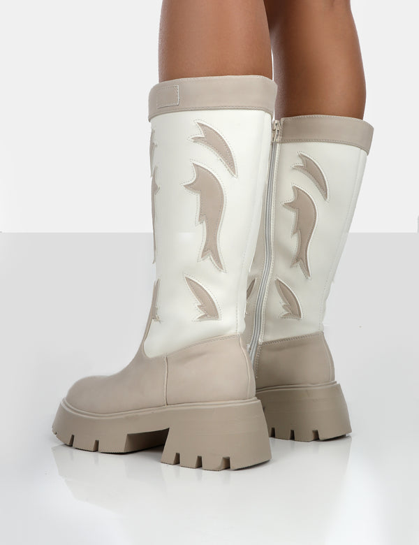 Fly Away Ecru Pu Western Cowboy Platform Chunky Sole Knee High Boots