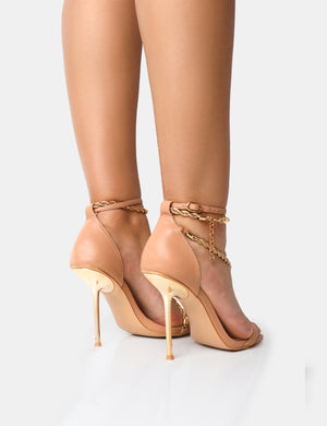 Loyal Nude PU Chain Detail Square Toe Gold Stiletto Heels