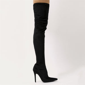 Dazzle Sock Fit Pointed Toe Over The Knee Boots in Black Velvet