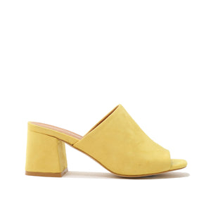 Promise Flared Block Heel Mules in Yellow Faux Suede