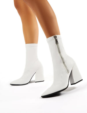 Jamie White PU Sock Fit Block Heeled Ankle Boots