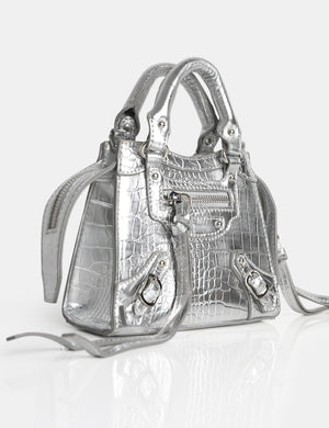 The Bea Silver Croc PU Zip Detail Mini Handbag