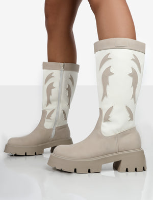 Fly Away Ecru Pu Western Cowboy Platform Chunky Sole Knee High Boots