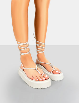 Bebe Ecru PU Chunky Flatform Lace Up Sandals