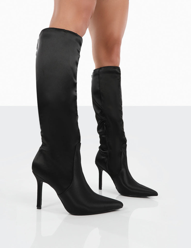 Best Believe Black Satin Pointed Toe Heeled Knee High Boots | Public Desire