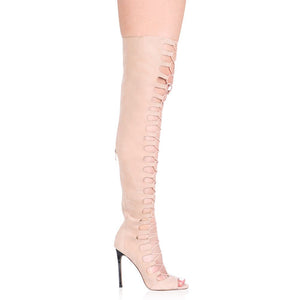 Sade Lace Up Over Knee Boots in Nude Faux Suede