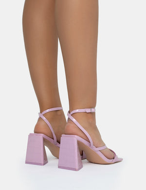 Kasia Lilac Croc Strappy Square Toe Mid Flared Block Heels