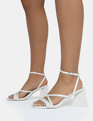 Kasia White Croc Strappy Square Toe Mid Flared Block Heels