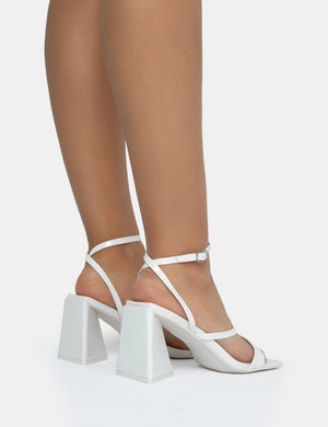 Kasia White Croc Strappy Square Toe Mid Flared Block Heels