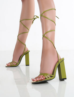 Amira Olive Green PU Lace Up Block Heels