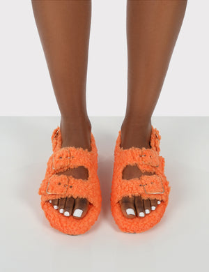 Bliss Orange Borg Fluffy Faux Fur Buckled Flat Grandad Sandals