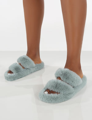 Bunny Light Blue Double Strap Fluffy Slippers