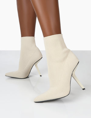 Chantelle Ecru Pointed Toe Stiletto Heel Sock Boots