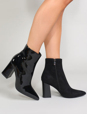 Chaos Contrast Pointed Toe Ankle Boots in Black Patent and Faux Suede