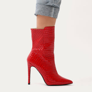 Chile Asymmetric Pointed Toe Ankle Boots in Red Faux Snake