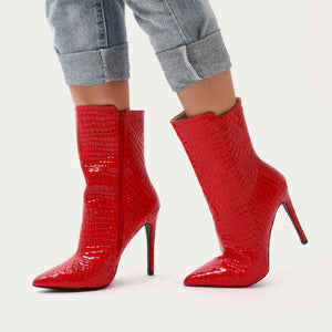 Chile Asymmetric Pointed Toe Ankle Boots in Red Faux Snake