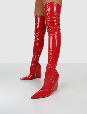 Clarissa Red Over The Knee Wedge Boots