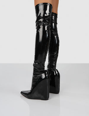 Clarissa Black Over The Knee Wedge Boots | Public Desire