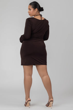 Curve Slinky Ruch Bust Cut Out Long Sleeved Dress Chocolate