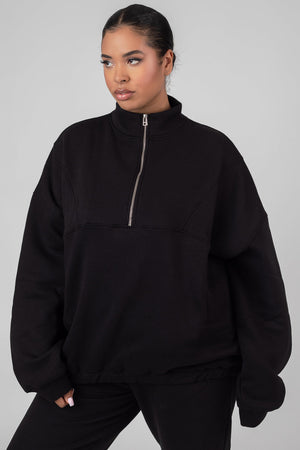Curve Oversized Half Zip Pullover Pocket Front Sweatshirt Black