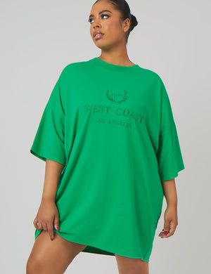 Curve Tonal Embroidered Oversized T-Shirt Dress Green