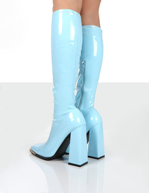 Caryn Blue Patent Knee High Heeled Boots | Public Desire