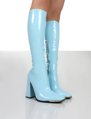 Caryn Blue Patent Knee High Block Heeled Boots