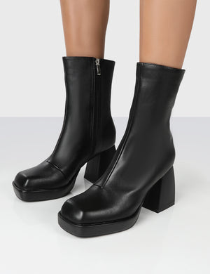 Clover Black Pu Platform Chunky Heel Ankle Boots