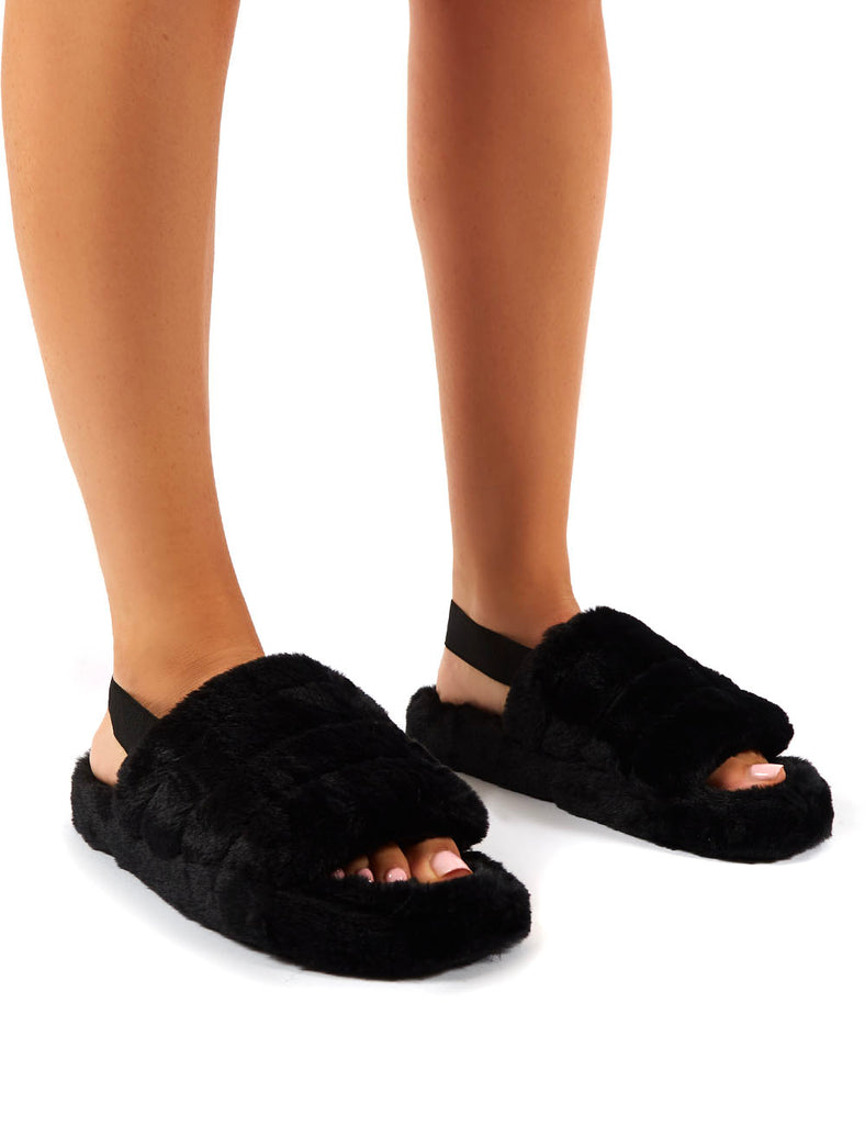 Dreamtime Black Fluffy Strap Back Slippers Public Desire
