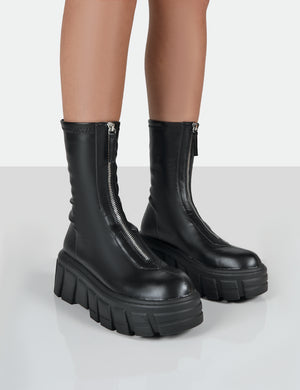 Domino Black PU Chunky Sole Ankle Boots