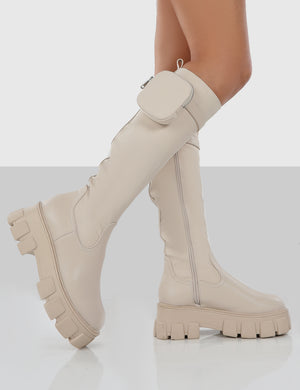 Showing Up Ecru PU Chunky Sole Pocket Detail Knee High Boots