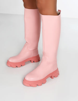Elena Pink Knee High Chunky Sole Boots
