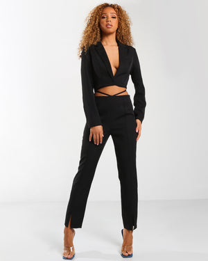 Amber x Public Desire waist detail split front trouser co-ord in black