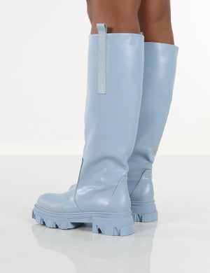 Amber x Public Desire Genius Blue PU Knee High Chunky Sole Boot