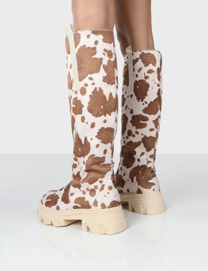 Amber x Public Desire Genius Cow Print Platform Knee High Chunky Sole Boot