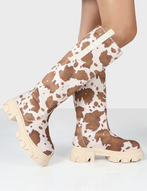 Amber x Public Desire Genius Cow Print Platform Knee High Chunky Sole Boot