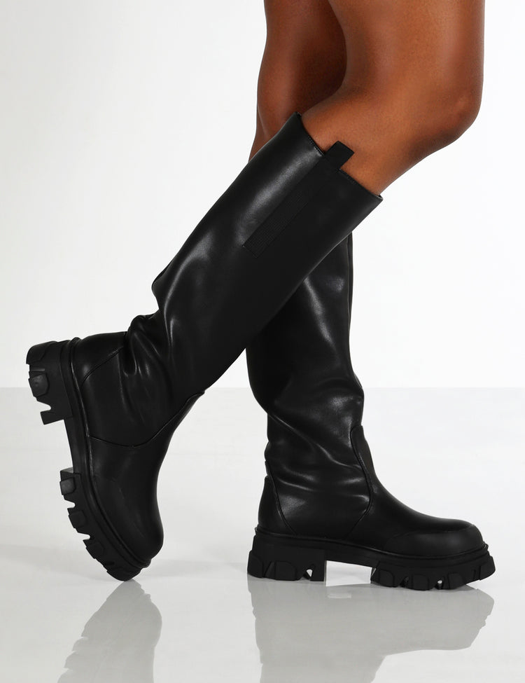 Genius Black Knee High Chunky Sole Boots | Public Desire
