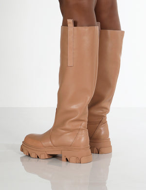 Genius Wide Fit Tan Knee High Platform Chunky Sole Boots
