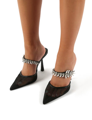 Girlfriend Black PU Jewel Trim Point Toe Heeled Mules