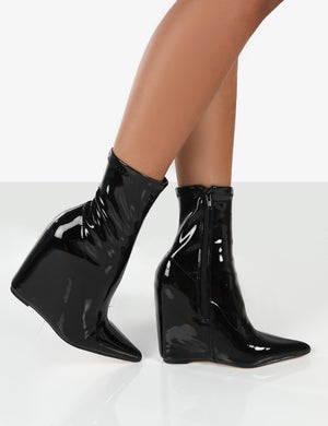 Getaway Black Patent Wedge Ankle Boots