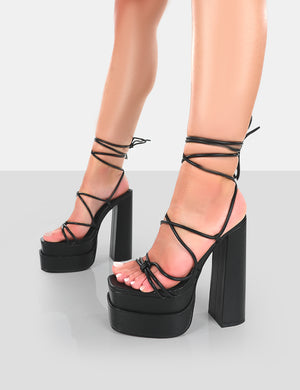 Glow Girl Black PU Lace Up Platform High Heels