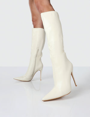Horizon Ecru PU Stiletto Knee High Boots